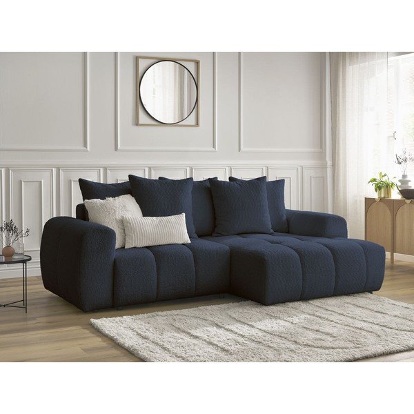 Colțar albastru extensibil/cu spațiu de depozitare cu tapițerie din țesătură bouclé (cu colț pe partea dreaptă/cu șezlong) Roxelane – Bobochic Paris-image-4