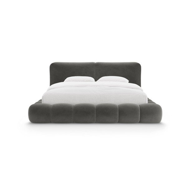 Pat matrimonial gri închis tapițat cu spațiu de depozitare cu somieră 200x200 cm Solange – Micadoni -image-4