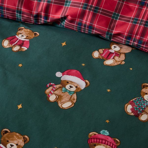 Lenjerie de pat roșie/verde-închis pentru pat de o persoană 150x120 cm Christmas Tartan Teddy Bear – Catherine Lansfield-image-2