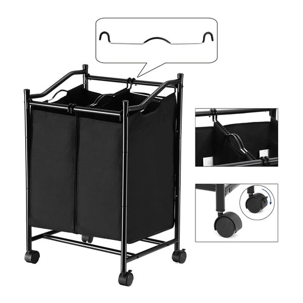 Coș de rufe cu roți și 2 compartimente Songmics, negru-image-4