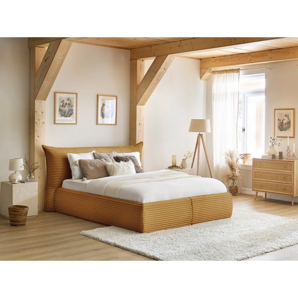 Pat matrimonial galben tapițat cu spațiu de depozitare cu somieră 160x200 cm Jade – Bobochic Paris-image-1