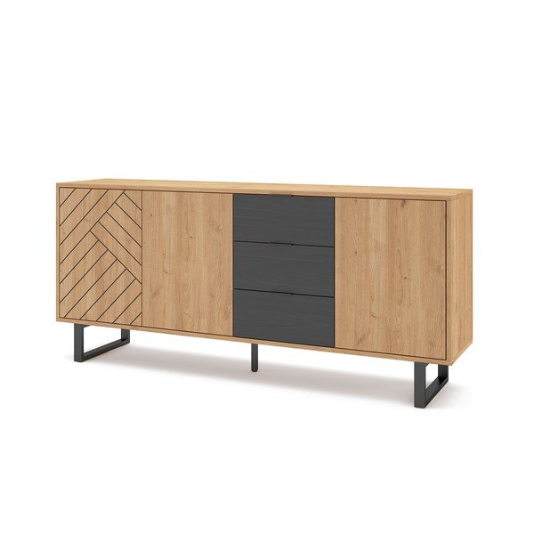 Comodă gri antracit/natural joasă cu aspect de lemn de stejar 180x80 cm Madona – Marckeric-image-2