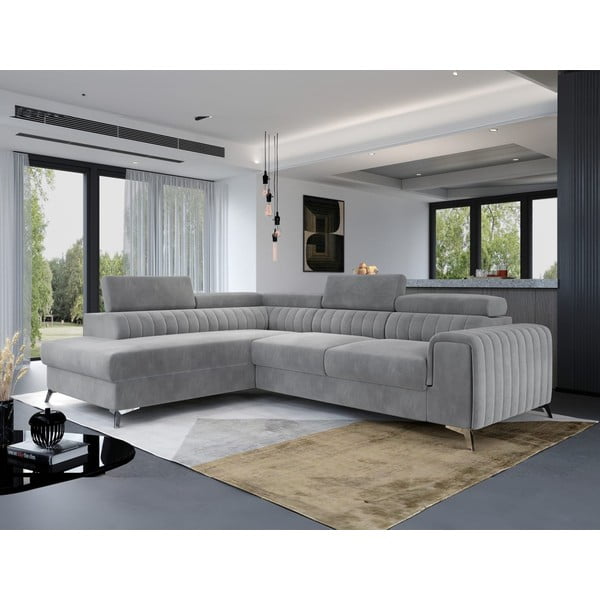 Colțar gri extensibil/cu spațiu de depozitare cu tapițerie din catifea (cu colț pe partea stângă/în formă de ”L”) Laurence – ELTAP-image-4