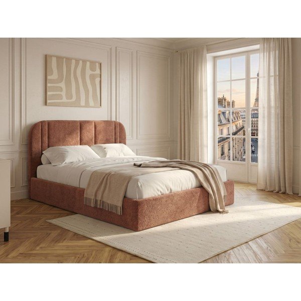 Pat matrimonial roz tapițat cu spațiu de depozitare cu somieră 160x200 cm Sidney – Bobochic Paris-image-1