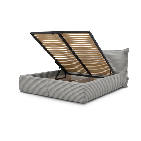 Pat matrimonial gri tapițat cu spațiu de depozitare cu somieră 160x200 cm Jade – Bobochic Paris-image-3