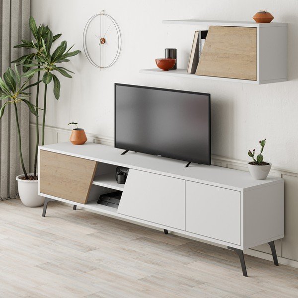 Set mobilier TV alb/aspect de lemn de stejar 180x48 cm Fiona - Kalune Design-image-2