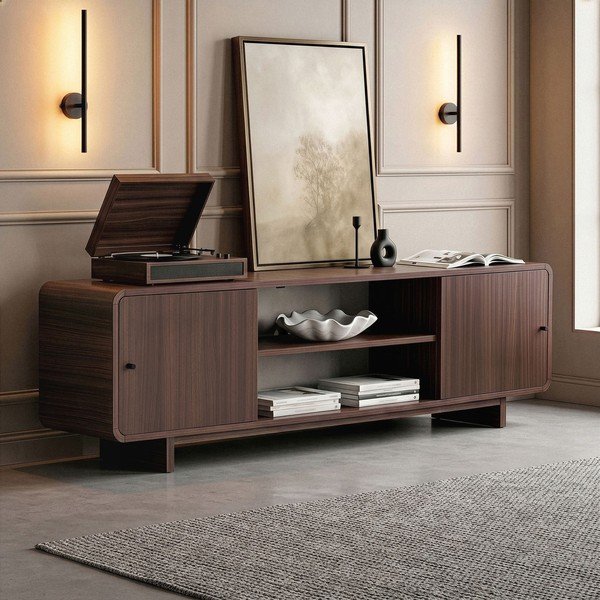 Comodă TV în culoare naturală închisă cu aspect de lemn de nuc 180x52x34 cm Mirel – Nordure-image-2