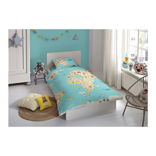 Lenjerie de pat din bumbac pentru copii Good Morning World Map, 140 x 200 cm-image-1