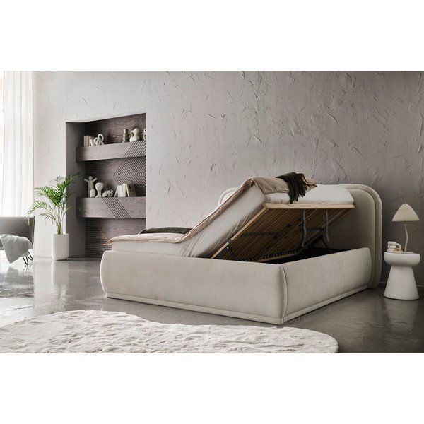 Pat matrimonial crem tapițat cu spațiu de depozitare cu somieră 160x200 cm Soma – Meise Möbel-image-1