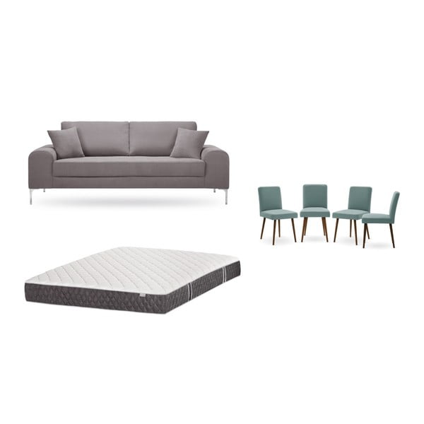 Set canapea maro cu 3 locuri, 4 scaune gri-verde, o saltea 160 x 200 cm Home Essentials