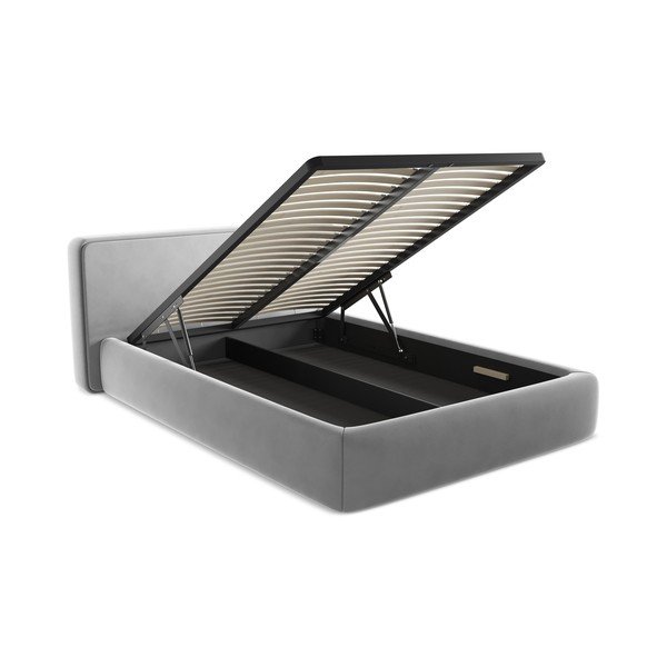 Pat matrimonial gri tapițat cu spațiu de depozitare cu somieră 140x200 cm Kiana – Makamii-image-3