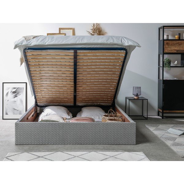 Pat matrimonial 160x200 cm gri tapițat cu spațiu de depozitare cu somieră Adele – Bobochic Paris-image-3