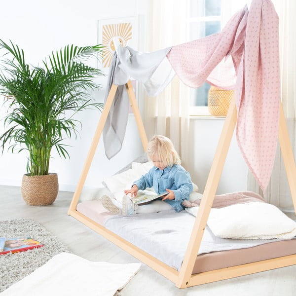 Pat pentru copii  în culoare naturală de tip casă 70x140 cm Montessori – Roba-image-2