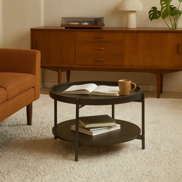 Măsuță de cafea neagră rotundă cu aspect de lemn de stejar ø 64 cm Hagen – Bonami Essentials-image-4