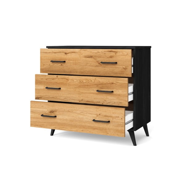 Comodă negru/natural  joasă cu aspect de lemn de stejar 80x72 cm Indus – Marckeric-image-2