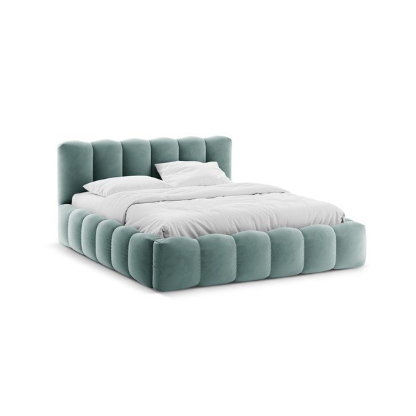 Pat matrimonial verde mentă tapițat cu spațiu de depozitare cu somieră 160x200 cm Lupine – Micadoni 