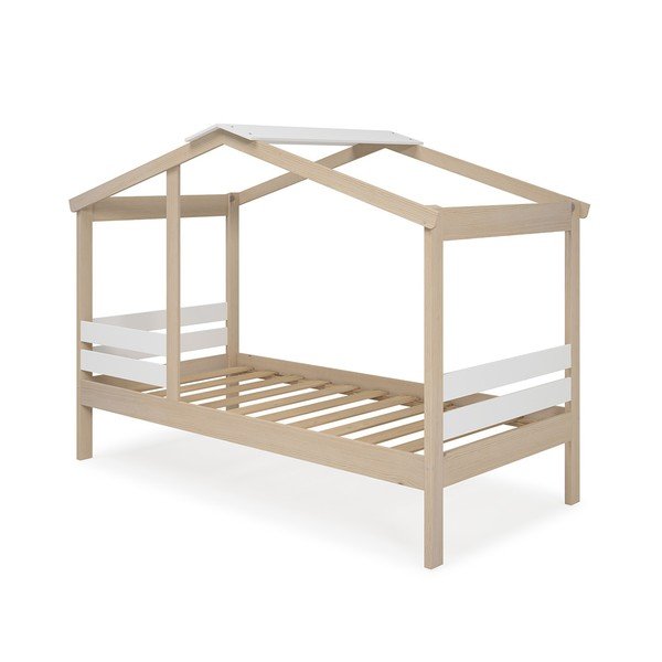 Pat pentru copii  alb/natural de tip casă cu aspect de lemn de pin 90x190 cm Angel – Marckeric-image-4