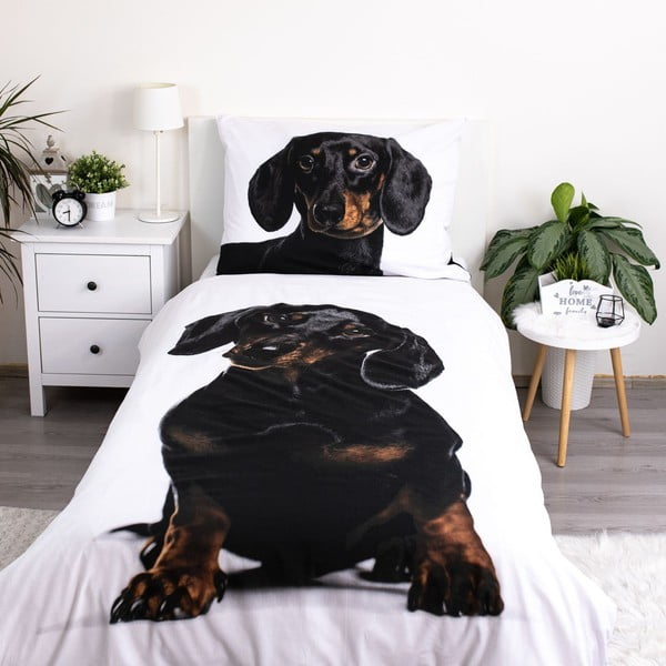Lenjerie de pat pentru copii alb-negru din bumbac pentru pat de o persoană 140x200 cm Dachshund – Jerry Fabrics-image-1