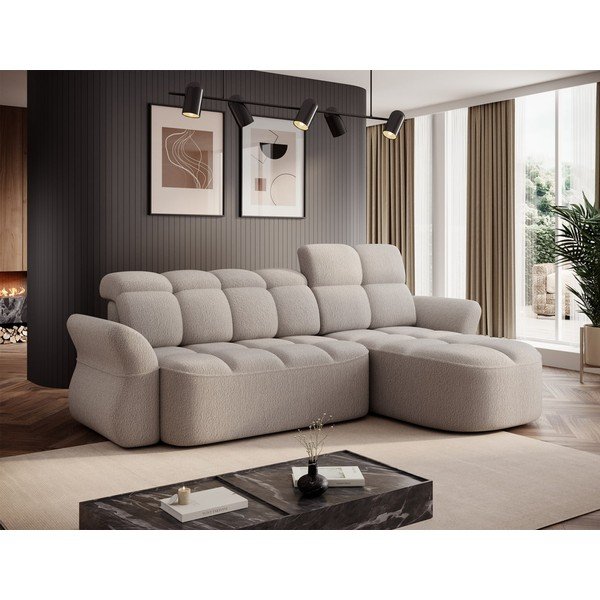 Colțar bej extensibil/cu spațiu de depozitare cu tapițerie din țesătură bouclé (cu colț pe partea dreaptă/cu șezlong) Beneth – ELTAP-image-1