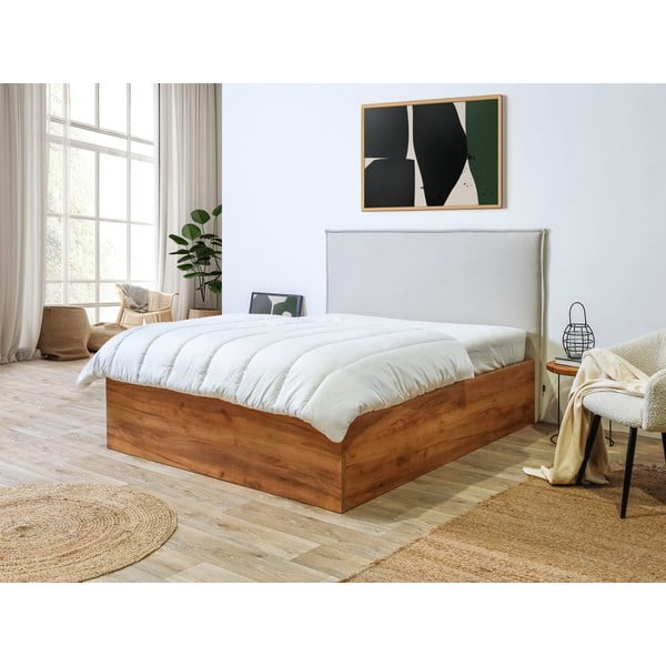 Pat matrimonial bej/în culoare naturală cu spațiu de depozitare și somieră 160x200 cm Cara – Bobochic Paris-image-1