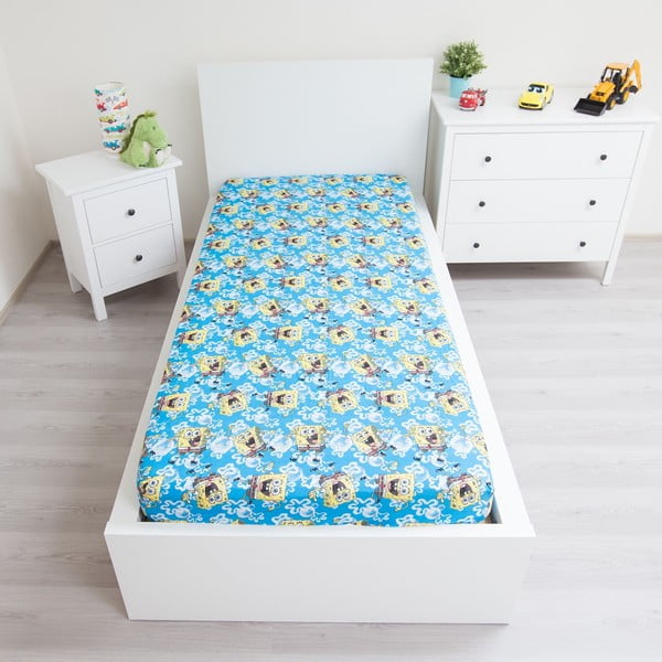 Cearceaf pentru copii albastru din bumbac cu elastic 90x200 cm Sponge Bob "Blue" – Jerry Fabrics-image-1
