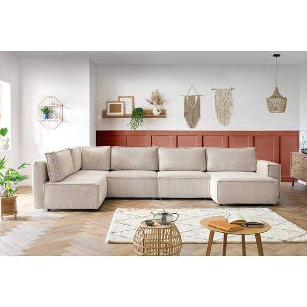 Colțar crem cu tapițerie din catifea reiată  (cu colț pe partea stângă /în formă de "U") Nihad modular – Bobochic Paris-image-1