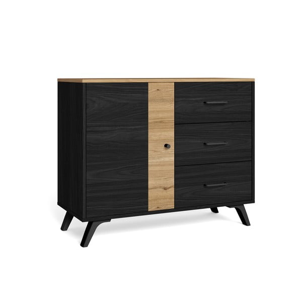 Comodă negru/natural  joasă cu aspect de lemn de stejar 92x81 cm Texas – Marckeric-image-2