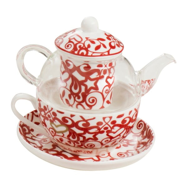 Set ceainic, ceașcă și farfurioară și sită de ceai din porțelan Brandani Abbracci Heart