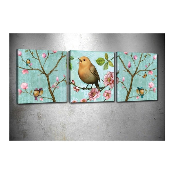 Set 3 tablouri Bird on Branch, 30 x 30 cm
