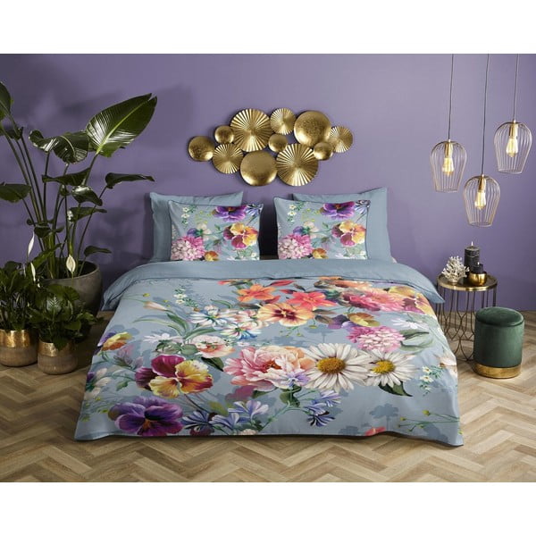 Lenjerie de pat din bumbac organic pentru pat dublu Descanso Sunflower,  200 x 220 cm, gri-image-3