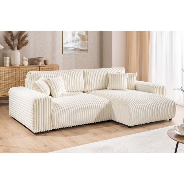 Colțar crem extensibil, cu spațiu de depozitare, cu tapițerie din catifea reiată  (cu colț pe partea dreaptă) Sarina – Ropez-image-4