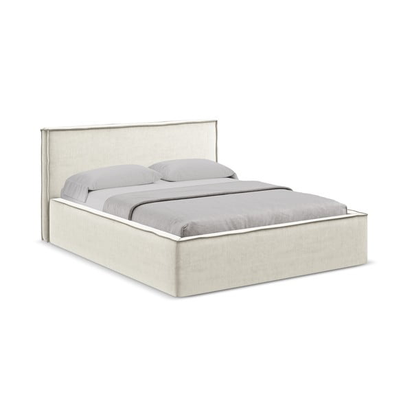 Pat matrimonial crem tapițat cu spațiu de depozitare cu somieră 180x200 cm Anani – Makamii-image-1