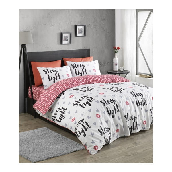Lenjerie de pat cu cearșaf din bumbac ranforce, pentru pat dublu Mijolnir SleepTight Fuchsia & White, 200 x 220 cm