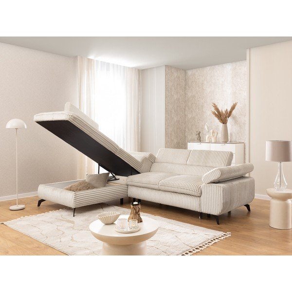 Colțar crem cu tapițerie din catifea reiată  (cu colț pe partea stângă/în formă de ”L”) Marbeya  – Ropez-image-4