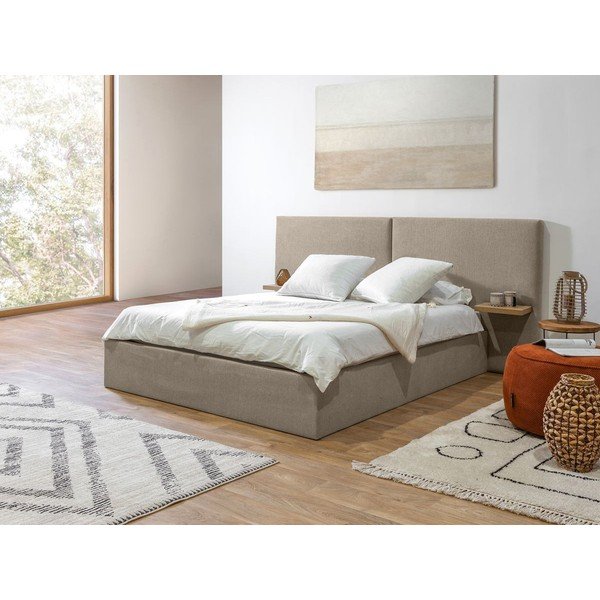 Pat matrimonial bej tapițat cu spațiu de depozitare cu somieră 160x200 cm Blandine – Bobochic Paris-image-2