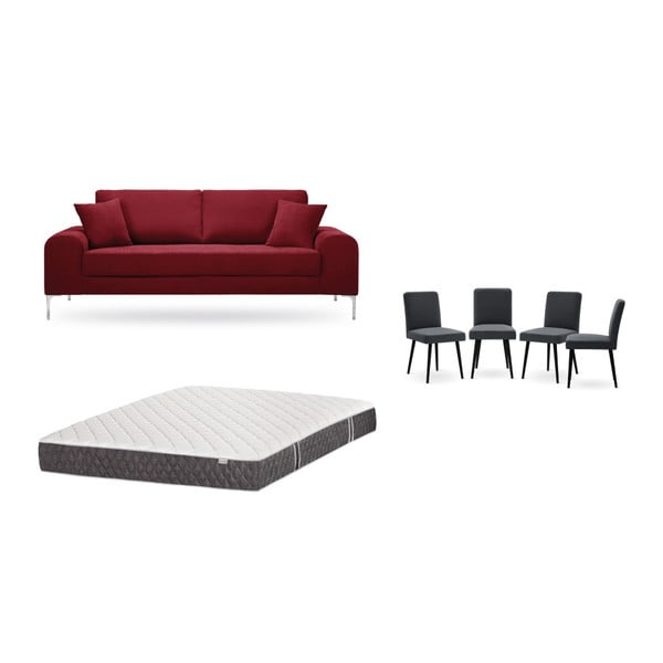 Set canapea roșie cu 3 locuri, 4 scaune gri antracit, o saltea 160 x 200 cm Home Essentials