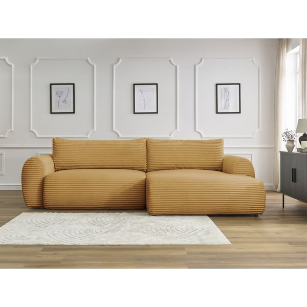 Colțar galben muștar extensibil cu tapițerie din catifea reiată  (cu colț pe partea dreaptă) Lucien – Bobochic Paris-image-1