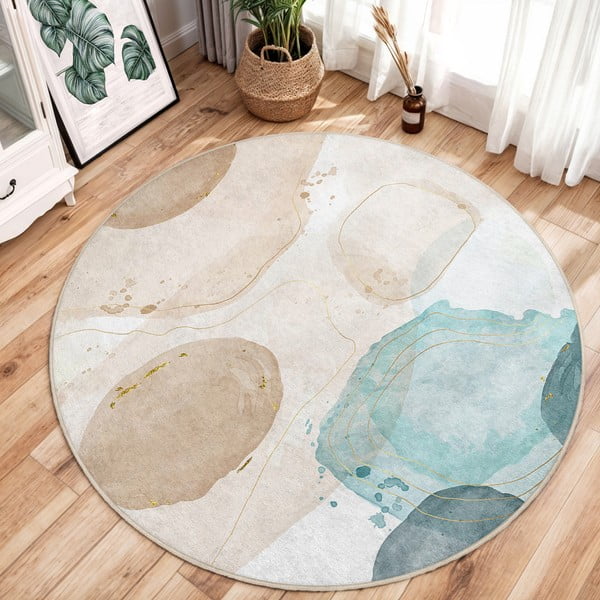 Covor albastru/bej lavabil rotund ø 150 cm Puddle – Mila Home-image-1