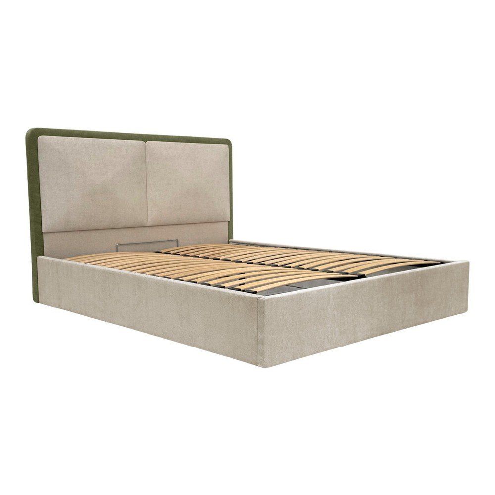 Pat matrimonial verde/bej tapițat cu spațiu de depozitare cu somieră 180x200 cm Mara – Bobochic Paris