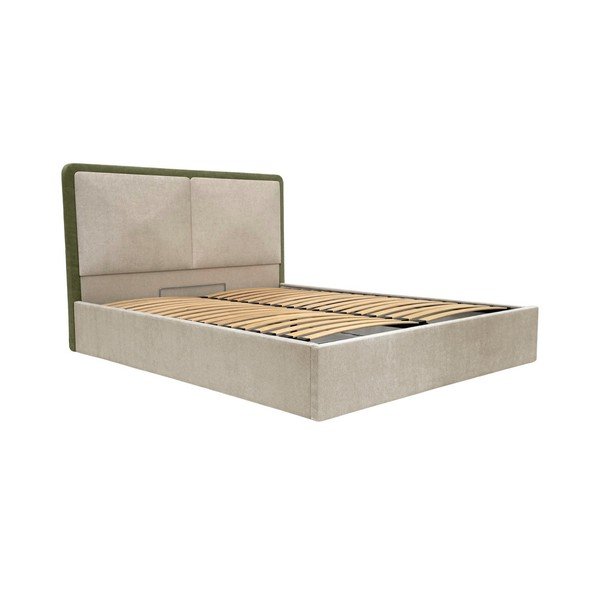 Pat matrimonial verde/bej tapițat cu spațiu de depozitare cu somieră 180x200 cm Mara – Bobochic Paris