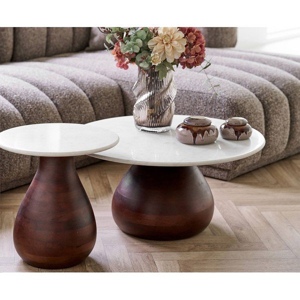 Măsuță de cafea albă/în culoare naturală închisă rotundă cu blat din marmură ø 70 cm Heide – House Nordic-image-1