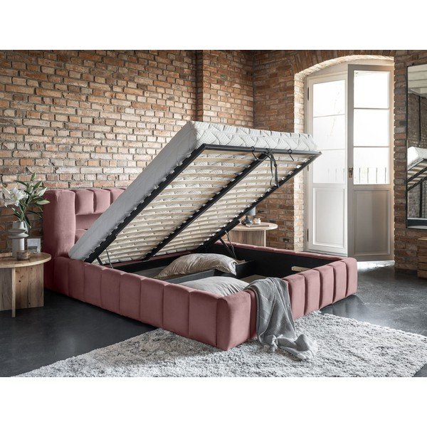 Pat matrimonial roz tapițat cu spațiu de depozitare cu somieră 160x200 cm Lamica – ELTAP-image-4