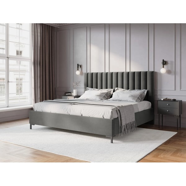 Pat matrimonial gri tapițat cu spațiu de depozitare și somieră 200x200 cm Casey – Mazzini Beds-image-1