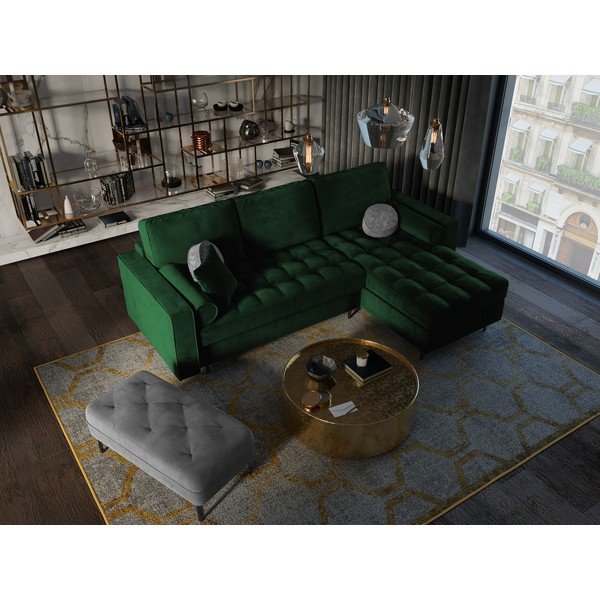 Colțar extensibil din catifea cu șezlong dreapta Milo Casa Santo, verde-image-1