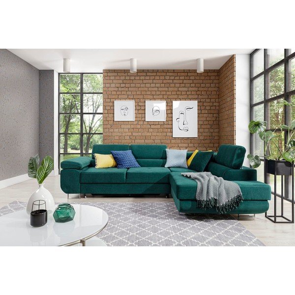 Colțar verde extensibil/cu spațiu de depozitare cu tapițerie din catifea (cu colț pe partea dreaptă/în formă de ”L”) Anton – ELTAP-image-1