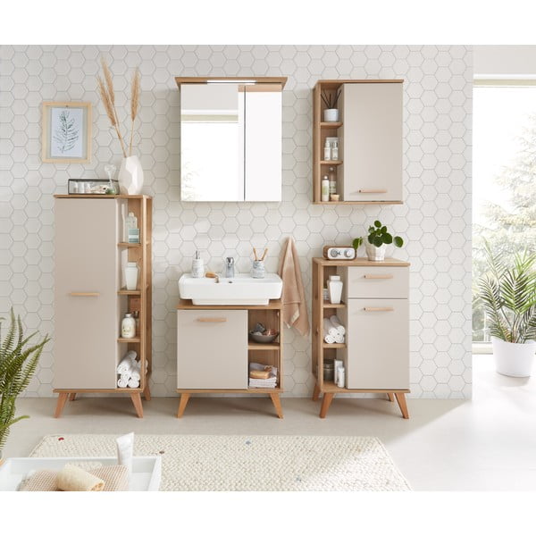 Dulap de baie crem înalt cu aspect de lemn de stejar 50,5x128 cm Quickset 966 – Pelipal-image-1