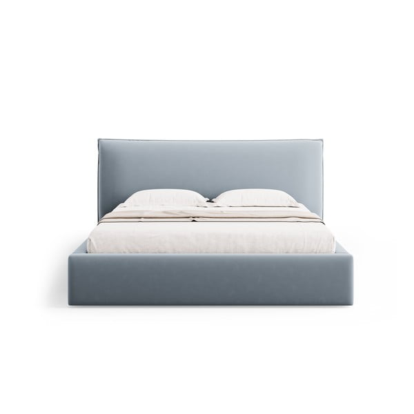 Pat matrimonial albastru deschis tapițat cu spațiu de depozitare cu somieră 160x200 cm Elio – Milo Casa-image-4