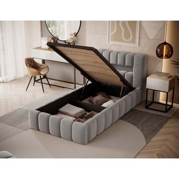Pat gri tapițat cu spațiu de depozitare cu somieră 90x200 cm Lamica – ELTAP-image-2