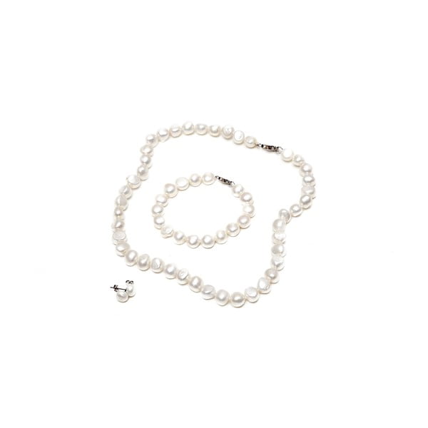 Set colier, cercei și brățară din perle de râu GemSeller Sericea, perle albe