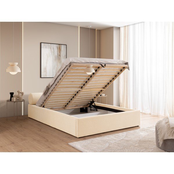 Pat matrimonial crem tapițat cu spațiu de depozitare cu somieră 180x200 cm Cille – Ropez-image-4